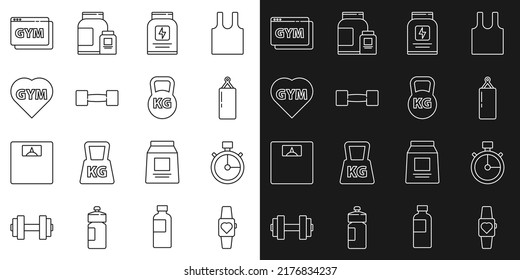 Set Line Smartwatch, Stopwatch, Punching Bag, Sports Nutrition, Dumbbell, Fitness Gym Heart, Online Fitness And Training And Kettlebell Icon. Vector