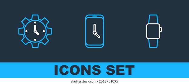 Set line Smartwatch, Time Management and Alarm clock app mobile icon. Vector