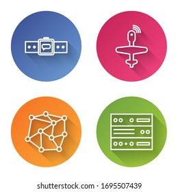 Set line Smartwatch, UAV Drone, Neural network and Server, Data, Web Hosting. Color circle button. Vector