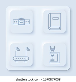 Set line Smartwatch, User manual, Router and wi-fi signal and Microscope. White square button. Vector