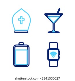 Set line Smartwatch with wireless, Battery, Martini glass and Pope hat icon. Vector