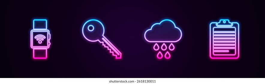 Set line Smartwatch with wireless, Key, Cloud rain and Clipboard document. Glowing neon icon. Vector