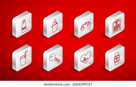 Set line Smartwatch with wireless, Speaker, Scales of justice, Clinical record, Heart rate, Glass bottle milk and cap, Key and water icon. Vector