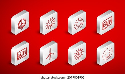 Fijar la cara Sonrisa de la línea Sonrisa, Sol tacto con sonrisa, Símbolo de reciclaje, plantilla de certificado, panel de energía solar, turbina eólica giratoria, icono de insignia de Viento e Identificación. Vector