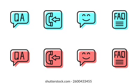 Set line Smile face, Question and Answer, Incoming call phone and FAQ information icon. Vector