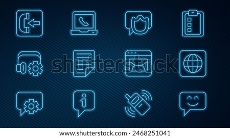 Set line Smile face, Worldwide, Speech bubble chat, File document, Headphoneswith settings, Incoming call, Mail and e-mail and Telephone 24 hours support icon. Vector
