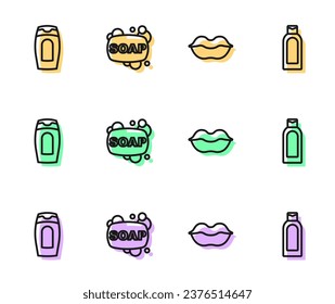 Set line Smiling lips, Bottle of shampoo, Bar soap and  icon. Vector