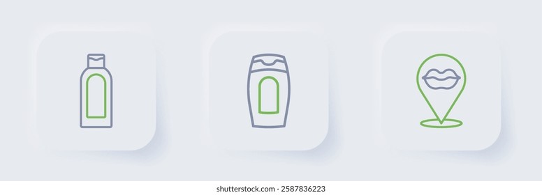 Set line Smiling lips, Bottle of shampoo and  icon. Vector