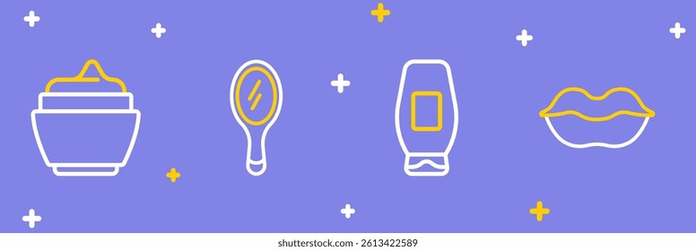 Set line Smiling lips, Bottle of shampoo, Hand mirror and Cream lotion cosmetic tube icon. Vector