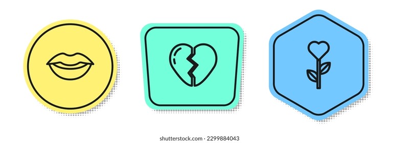 Set line Smiling lips, Broken heart and Heart shape flower. Colored shapes. Vector