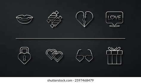 Set line Smiling lips, Castle the shape of heart, Love text, Heart shaped love glasses, Two Linked Hearts, Candy, Gift box and Broken or divorce icon. Vector