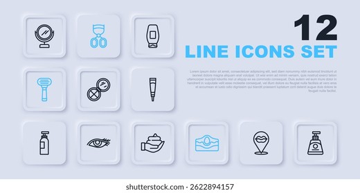 Set line Smiling lips, Cream or lotion cosmetic tube, Makeup powder with mirror, Acne, Shaving razor, Woman eye, Eyelash curler and foam hand icon. Vector