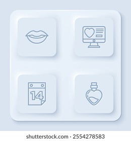 Set line Smiling lips, Dating app online, Calendar with February 14 and Bottle love potion. White square button. Vector