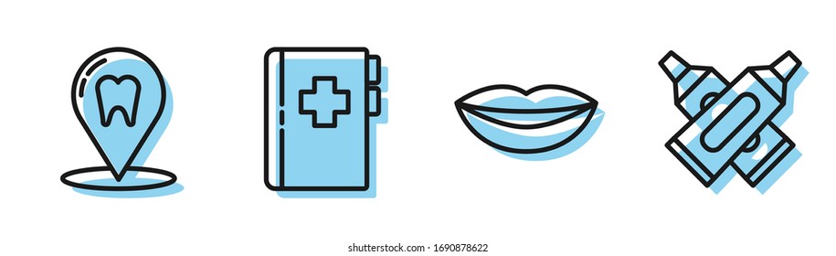 Set line Smiling lips, Dental clinic location, Clipboard with dental card and Crossed tube of toothpaste icon. Vector