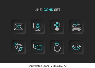 Set line Smiling lips, Diamond engagement ring, Heart speech bubble, Bedroom, International Women Day, 8 March and Envelope with icon. Vector