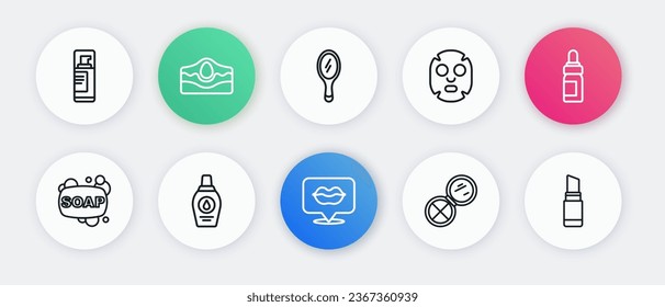 Fijar la línea Los labios sonrientes, Botella de aceite esencial, Barra de jabón, Polvo de maquillaje con espejo, Máscara cosmética facial, Mano, Palo de labio y Icono de champú de botella. Vector