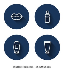 Set line Smiling lips, Essential oil bottle, Bottle of shampoo and Cream or lotion cosmetic tube with long shadow. Blue circle button. Vector