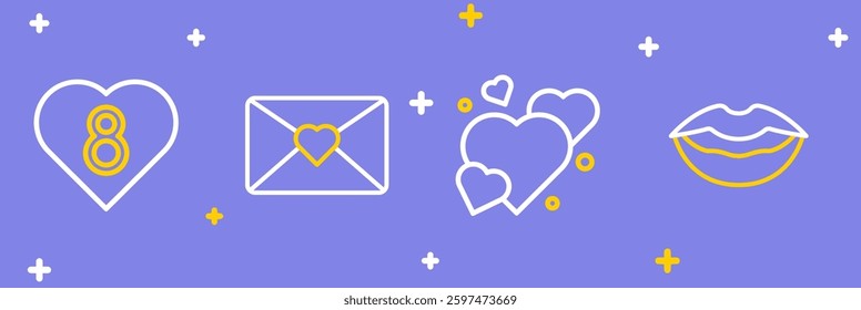 Set line Smiling lips, Heart, Envelope with 8 March and  icon. Vector