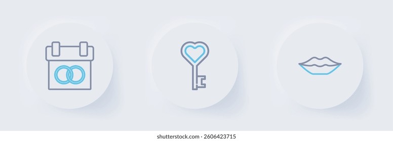Set line Smiling lips, Key heart shape and Calendar icon. Vector