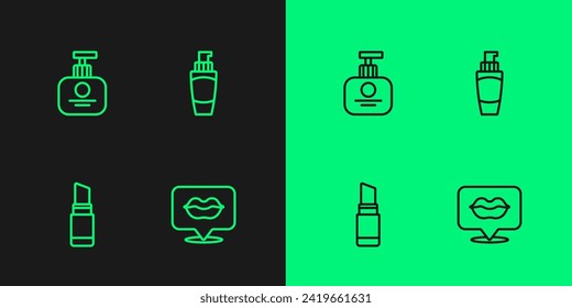 Set line Smiling lips, Lipstick, Tube of hand cream and  icon. Vector