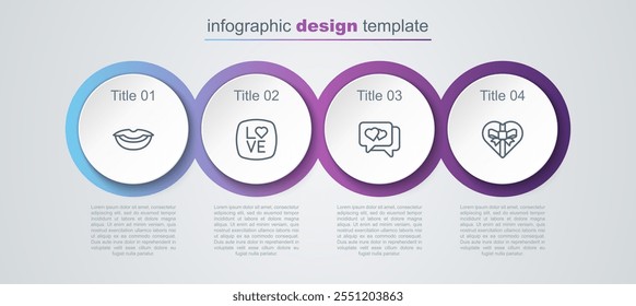 Set line Smiling lips, Love text, Heart speech bubble and Candy heart shaped box. Business infographic template. Vector