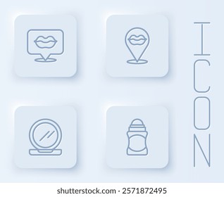 Set line Smiling lips, Makeup powder with mirror and Deodorant roll. White square button. Vector