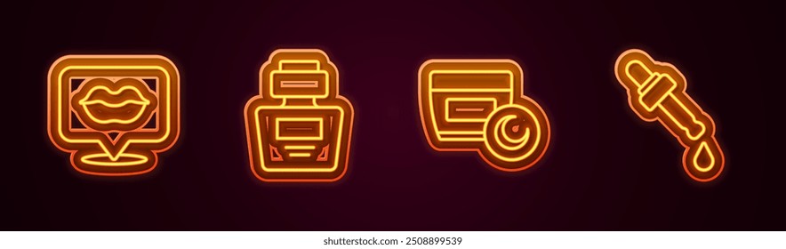 Set line Smiling lips, Perfume, Cream or lotion cosmetic tube and Pipette with oil. Glowing neon icon. Vector