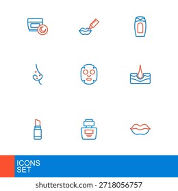 Labios sonrientes, perfume, lápiz labial, folículo del pelo humano, acné, máscara cosmética facial, botella de champú e icono de aumento. Vector