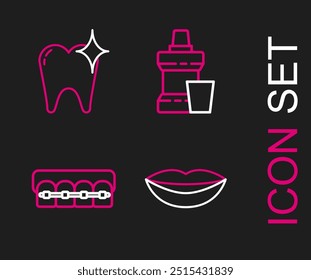 Definir linha Lábios sorridentes, Dentes com aparelho, garrafa plástica de enxaguante bucal e ícone de conceito de clareamento dentário. Vetor