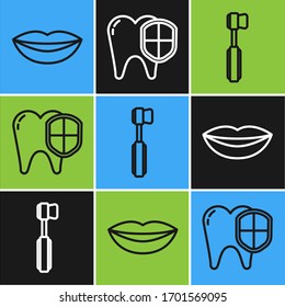 Set line Smiling lips, Toothbrush and Dental protection icon. Vector