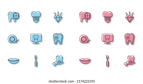 Set line Smiling lips, Toothbrush, Dental protection, clinic location, with caries, floss and implant icon. Vector