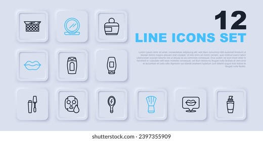Set line Smiling lips, Tube of hand cream, Bottle shampoo, Makeup brush, Facial cosmetic mask, powder with mirror and Hand icon. Vector