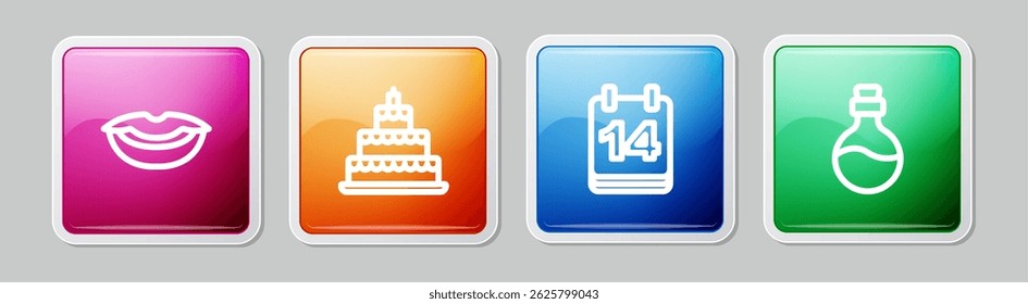 Set line Smiling lips, Wedding cake, Calendar with February 14 and Bottle love potion. Colorful square button. Vector