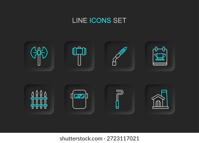 Set line Smithy oficina interior, Fire poker, Máscara de solda, cerca de ferro clássico, ferramenta de bigorna Blacksmith, tocha, Sledgehammer e ícone de polos medievais. Vetor