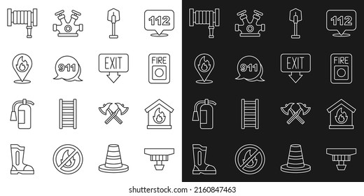 Set line Smoke alarm system, Fire in burning house, shovel, Emergency call 911, Location with fire flame, hose reel and exit icon. Vector