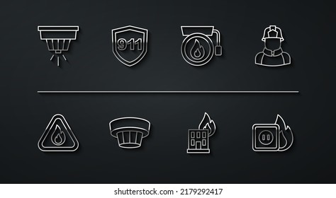 Set Line Smoke Alarm System, Fire Flame In Triangle, Firefighter, Burning Building, Emergency Call 911, Electric Wiring Of Socket Fire And Ringing Bell Icon. Vector