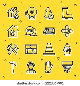 Set line Smoke alarm system, Fire hydrant, Firefighter, Burning forest tree, Telephone call 911, burning house,  and truck icon. Vector