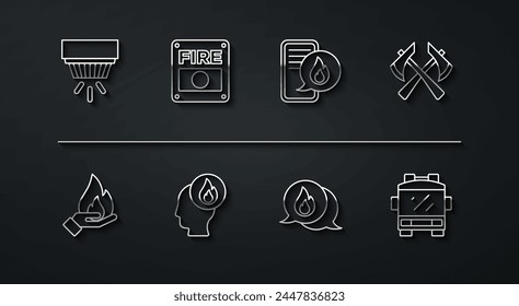 Set line Smoke alarm system, Hand holding fire, Firefighter axe, Telephone call 911, truck and Phone with emergency icon. Vector