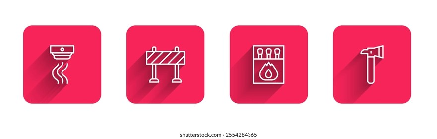 Set line Smoke alarm system, Road barrier, Matchbox and matches and Firefighter axe with long shadow. Red square button. Vector