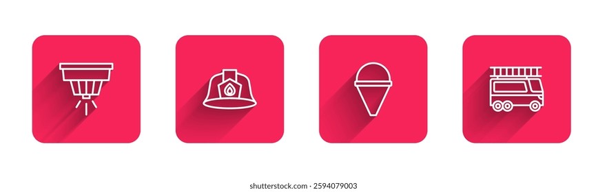 Set line Smoke alarm system, Firefighter helmet, cone bucket and truck with long shadow. Red square button. Vector