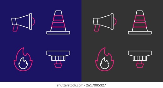 Set line Smoke alarm system, Fire flame, Traffic cone and Megaphone icon. Vector