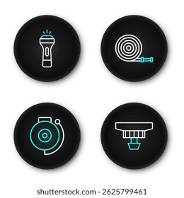 Set line Smoke alarm system, Ringing bell, Fire hose reel and Flashlight icon. Vector