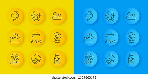 Set line Smoke from factory, Radioactive waste in barrel, Witch cauldron, Poisoned pill, location, Man poisoning, Experimental mouse and Gas mask icon. Vector