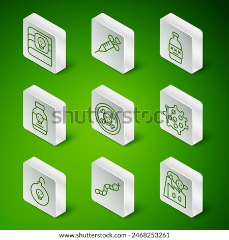 Set line Smoke from factory, Snake, Book about poisons, Bones and skull, Poisoned pill, Syringe, Nuclear bomb and Bacteria icon. Vector