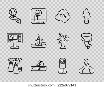 Set line Smoke from factory, Volcano eruption with lava, CO2 emissions in cloud, Wrecked oil tanker ship, Hands holding Earth globe, Wind turbine, Trash and Tornado icon. Vector