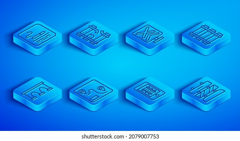 Set line Smoking area, Broken rails on railway, Railroad crossing, Route location, Buy train ticket online, Railway, railroad track, Bridge for and End of tracks icon. Vector