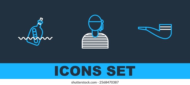 Set line Smoking pipe, Bottle with message water and Sailor captain icon. Vector