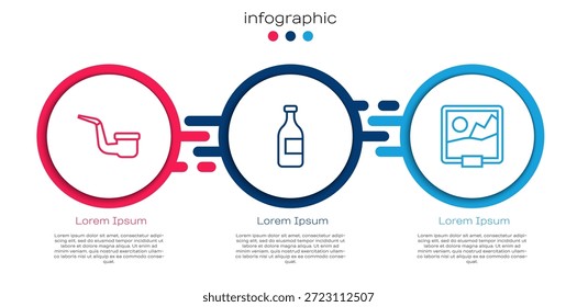 Definir linha Tubo de fumagem, Garrafa de vinho e Imagem. Modelo de infográfico comercial. Vetor