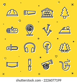 Set line Smoking pipe, Christmas tree, Wood plane tool, Wooden logs, Worker safety helmet and Metallic nails icon. Vector