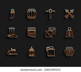 Fijar tubería Tubo de fumar, Bomba dinamita, Diente, Botella de agua Canteen, Cilindro Revolver, Flauta de pan, Bolsa de dinero e ícono de dados de juego. Vector